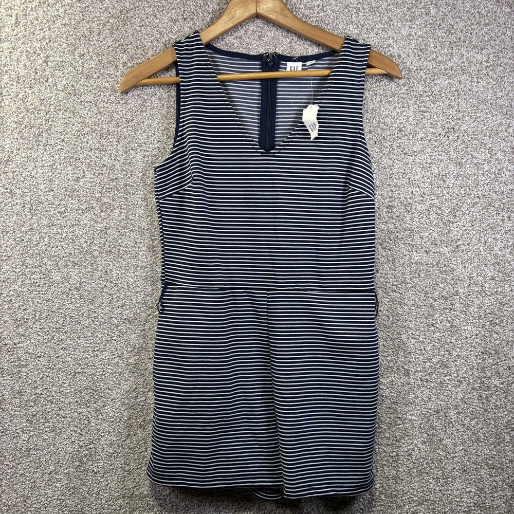 GAP Dress Womens 2 Petite Blue White Stripe Sleeveless V Neck Fit Flare 499154